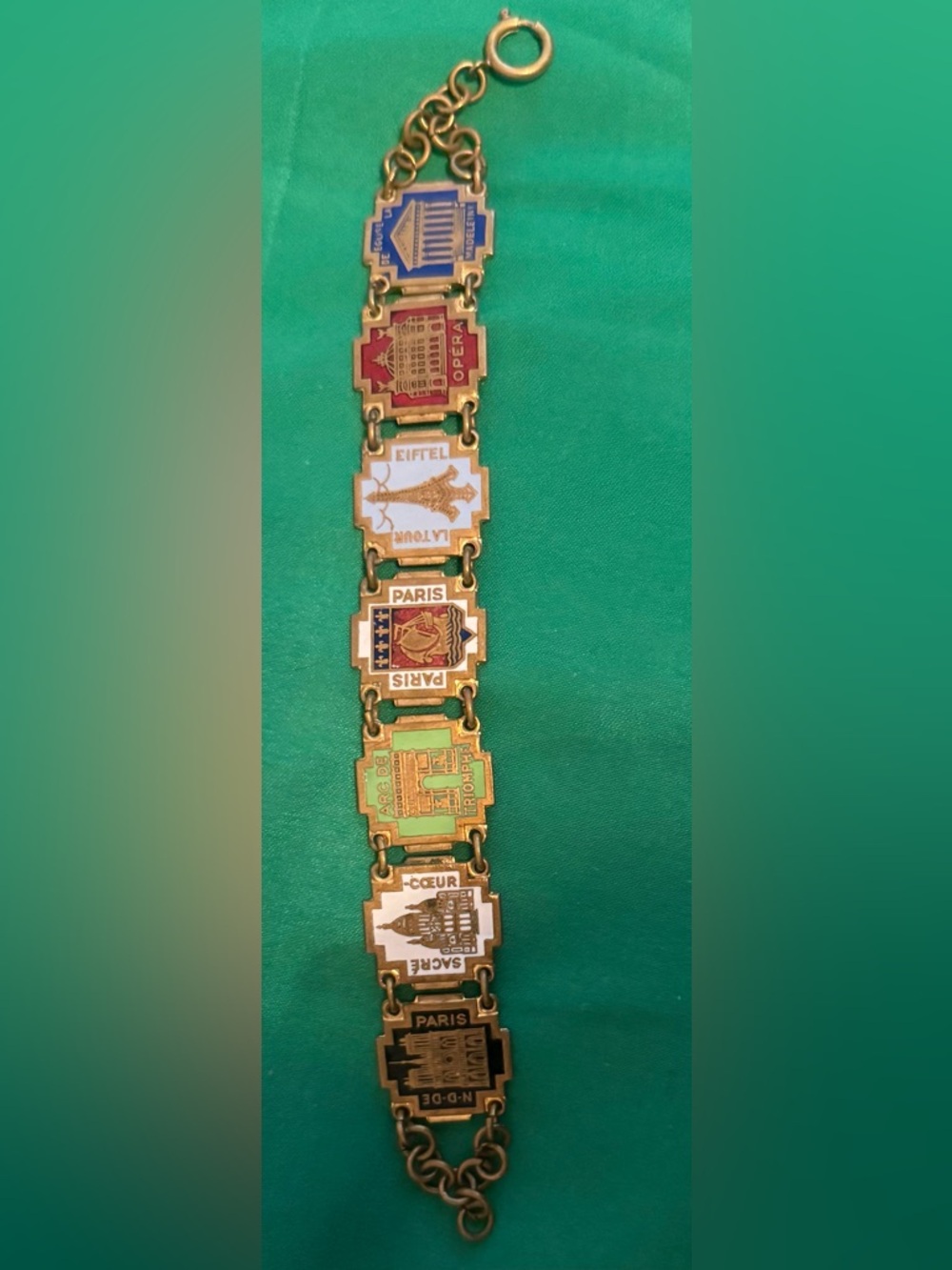 Vintage Paris Landmark Charm Bracelet in Gold Tone with Multicolor Enamel